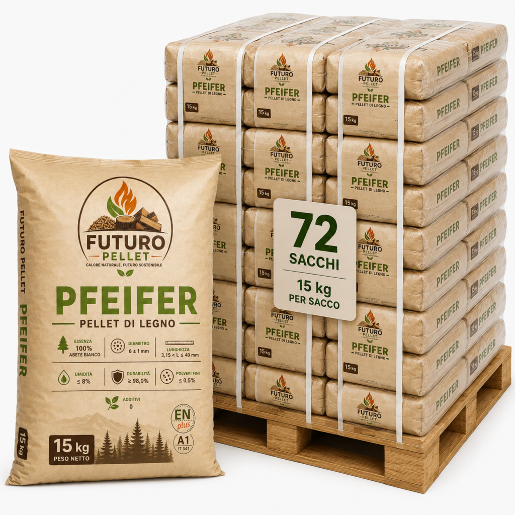 Pellet Futuro Pfeifer 100% abete bianco – Bancale 72 Sacchi da 15 kg