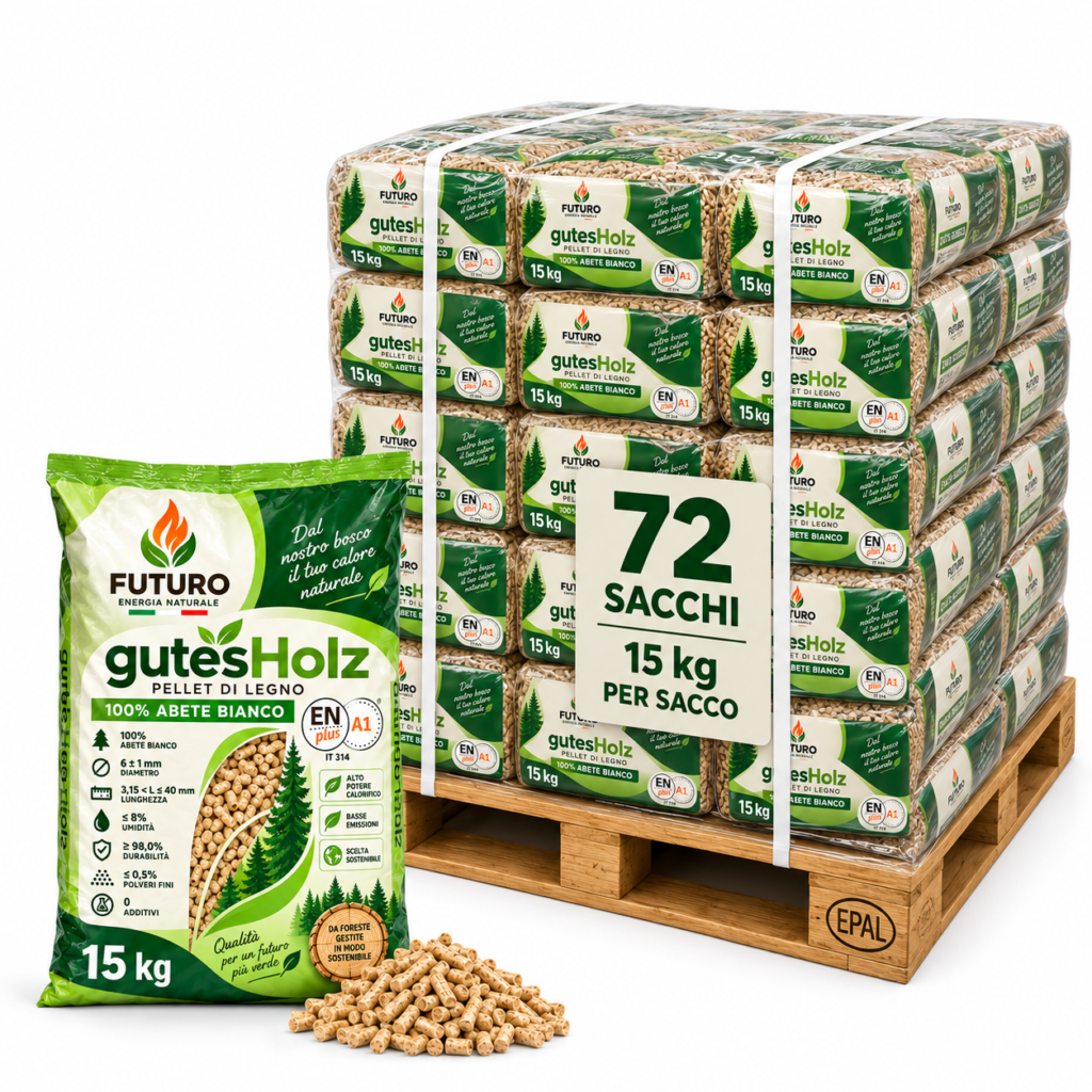 Pellet Futuro gutesHolz 100% abete bianco – Bancale 72 Sacchi da 15 kg
