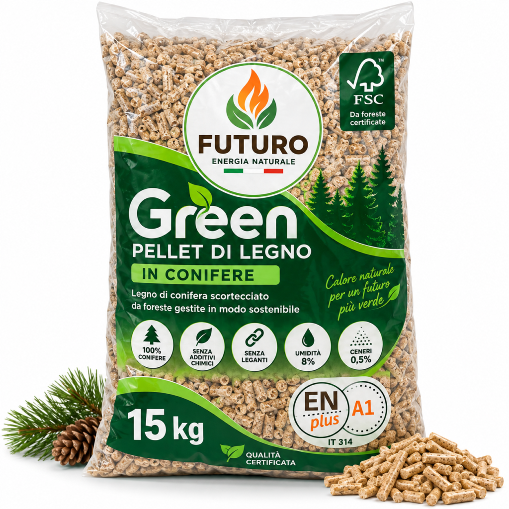 Pellet Futuro Green in Conifere ENplus A1 – Bancale 70 Sacchi da 15 kg