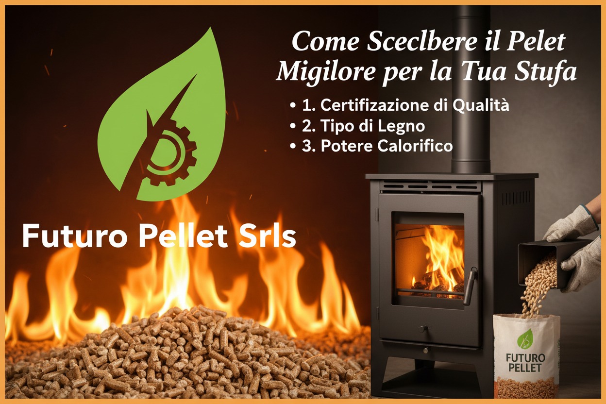 Una stufa a pellet accesa con una mano che versa il combustibile da un sacchetto, accompagnata dal logo aziendale e dai tre criteri principali per scegliere il pellet migliore.