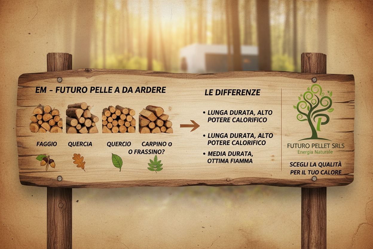 Cartello informativo in legno che illustra le differenze di resa calorica e durata tra diverse tipologie di legna da ardere, con il logo di Futuro Pellet Srl.