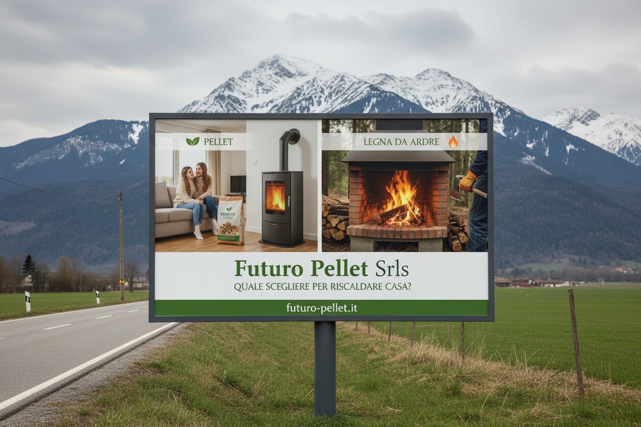 Cartellone pubblicitario di Futuro Pellet Srl posizionato lungo una strada di campagna con vista sulle montagne, che confronta l'uso di stufe a pellet e legna da ardere.